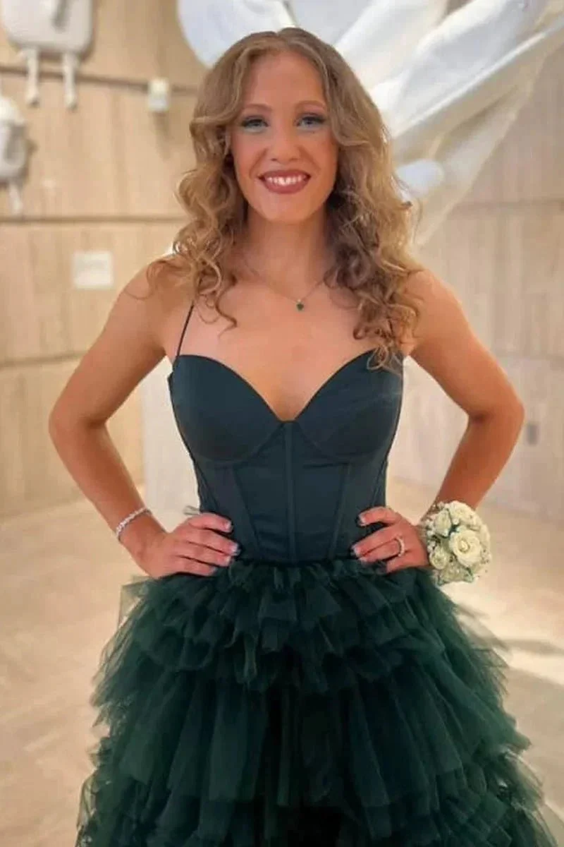 Dark Green Sweetheart Ruffle Tiered Tulle Long Prom Dresses with Slit - Image 3