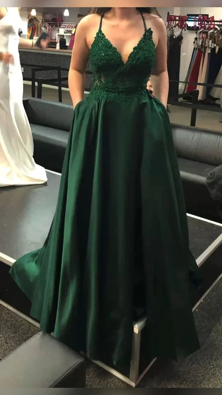 Dark Green V Neck A-line Evening Dress With Pockets Y5738 - Image 2
