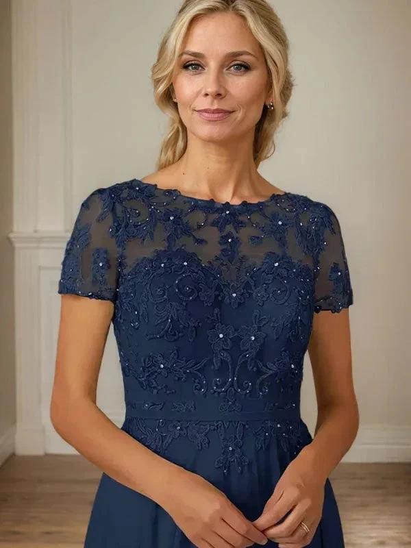 Dark Navy A-Line Boatneck Sequins Chiffon Dress - Image 4