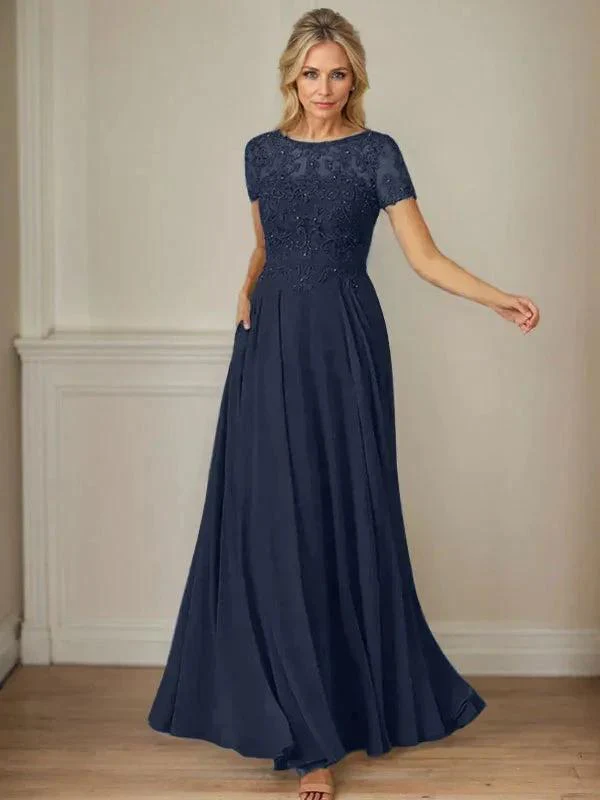 Dark Navy A-Line Boatneck Sequins Chiffon Dress - Image 48