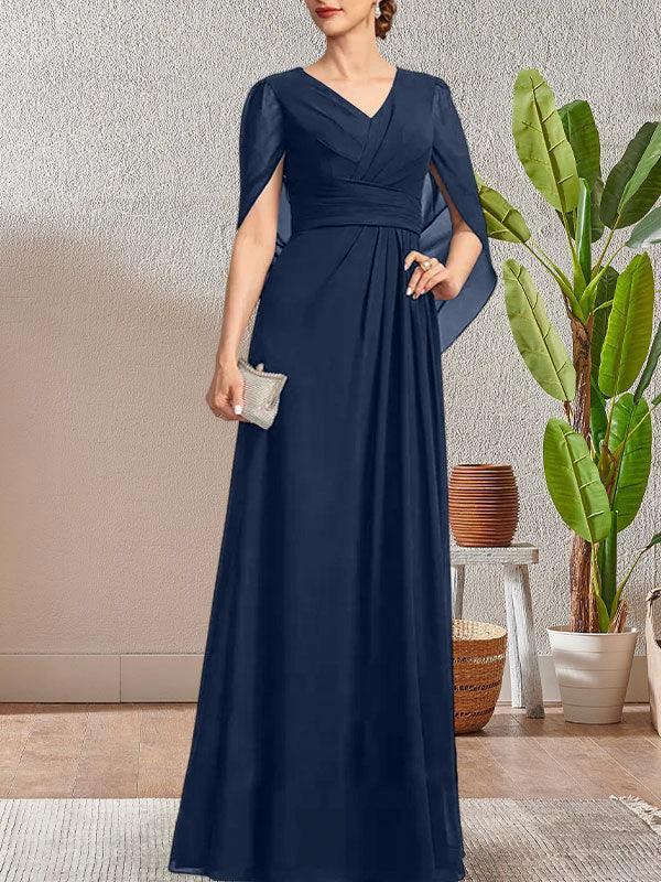 Dark Navy A-Line V-Neck Long Mother of Bride Dress - Image 19