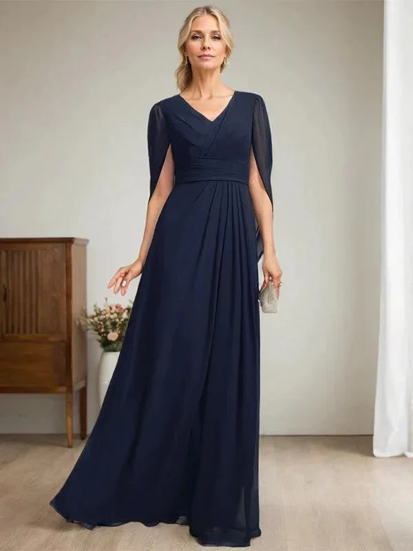 Dark Navy A-Line V-Neck Long Mother of Bride Dress - Image 2
