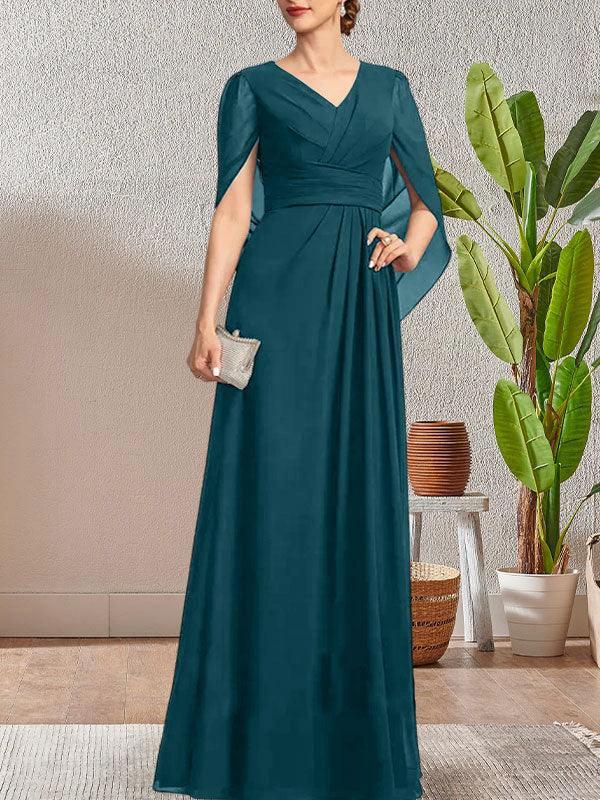 Dark Navy A-Line V-Neck Long Mother of Bride Dress - Image 20
