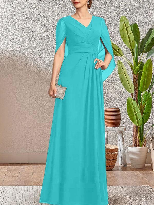 Dark Navy A-Line V-Neck Long Mother of Bride Dress - Image 25