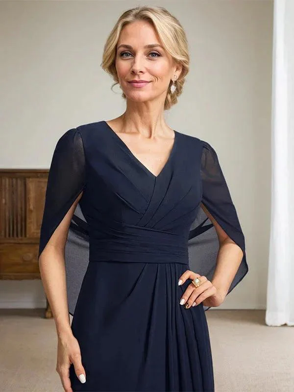 Dark Navy A-Line V-Neck Long Mother of Bride Dress - Image 3