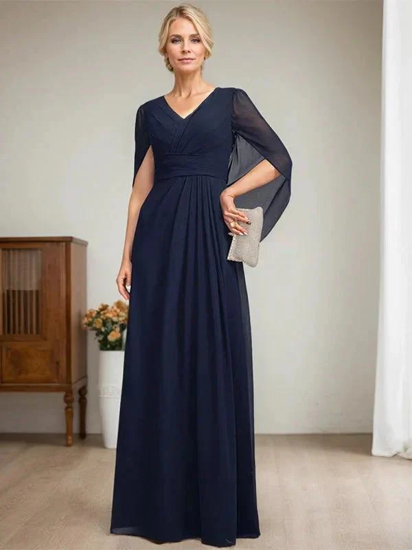 Dark Navy A-Line V-Neck Long Mother of Bride Dress - Image 4