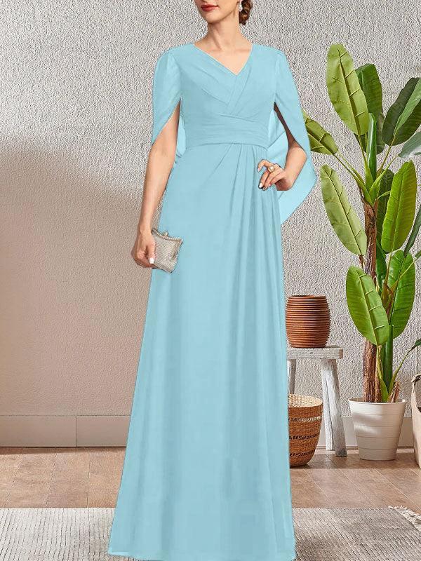 Dark Navy A-Line V-Neck Long Mother of Bride Dress - Image 44