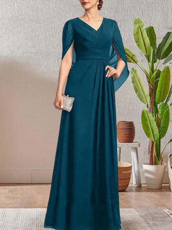 Dark Navy A-Line V-Neck Long Mother of Bride Dress - Image 45