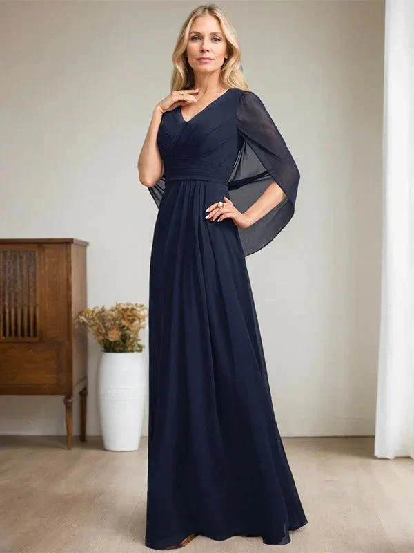 Dark Navy A-Line V-Neck Long Mother of Bride Dress - Image 5