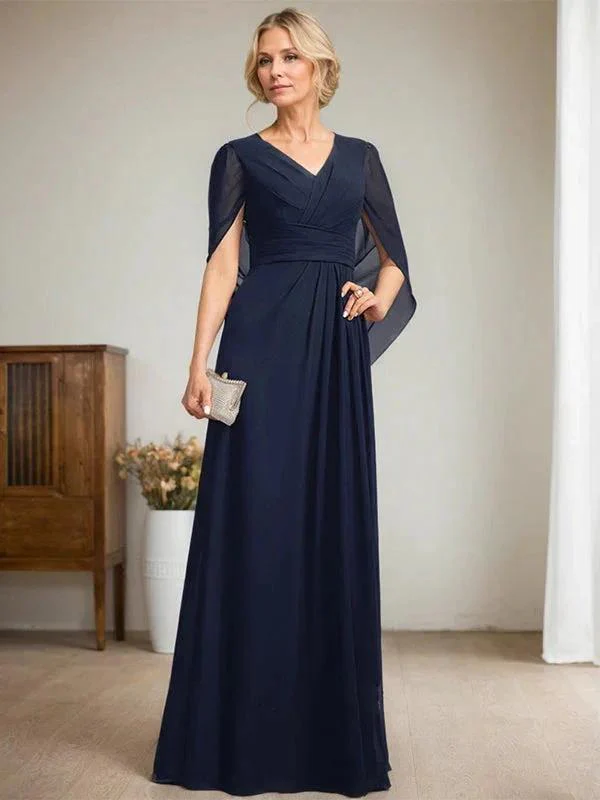 Dark Navy A-Line V-Neck Long Mother of Bride Dress - Image 6
