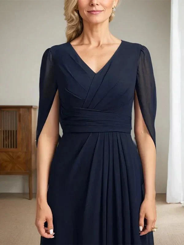 Dark Navy A-Line V-Neck Long Mother of Bride Dress - Image 8