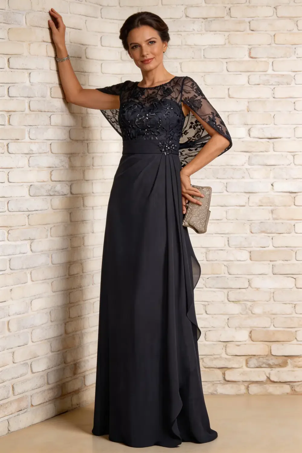Dark Navy Lace Cape Sleeve Chiffon A Line Mother Of The Bride Formal Gown - Image 3