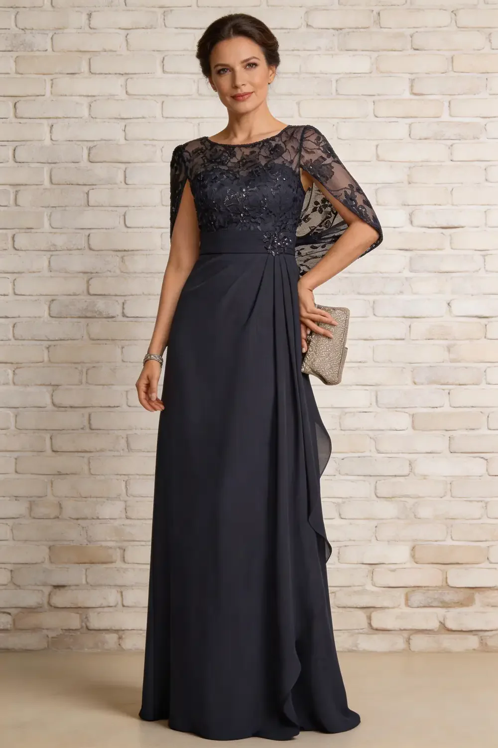 Dark Navy Lace Cape Sleeve Chiffon A Line Mother Of The Bride Formal Gown - Image 4