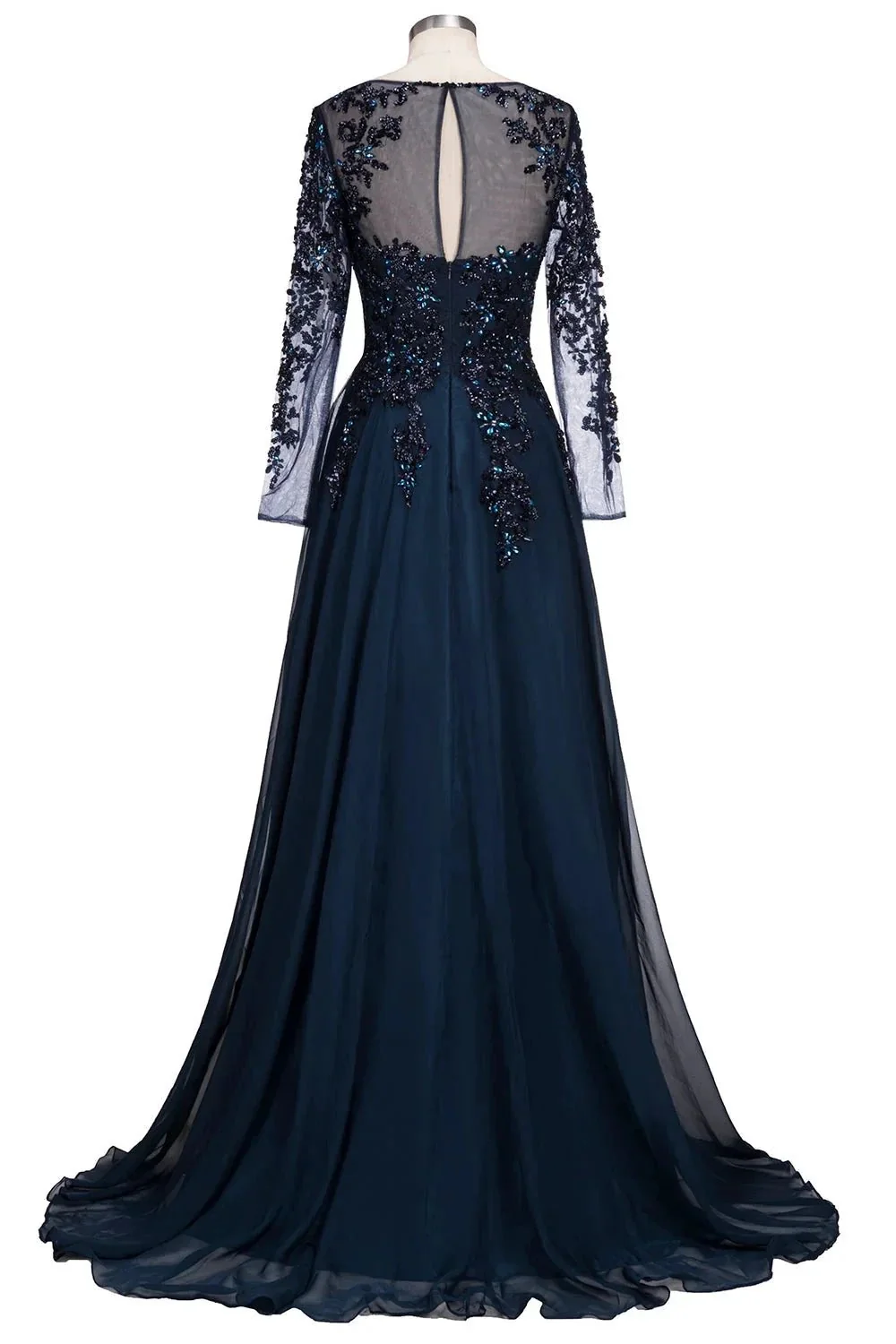 Dark Navy Long A-line Jewel Tulle Formal Evening Dresses with Sleeves - Image 2
