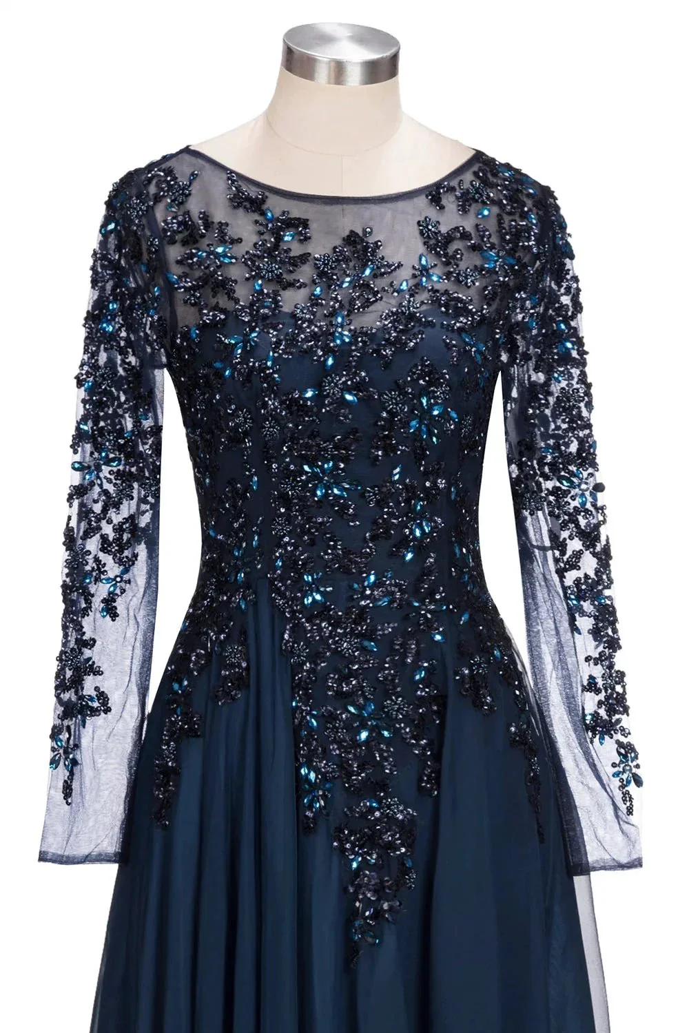 Dark Navy Long A-line Jewel Tulle Formal Evening Dresses with Sleeves - Image 3