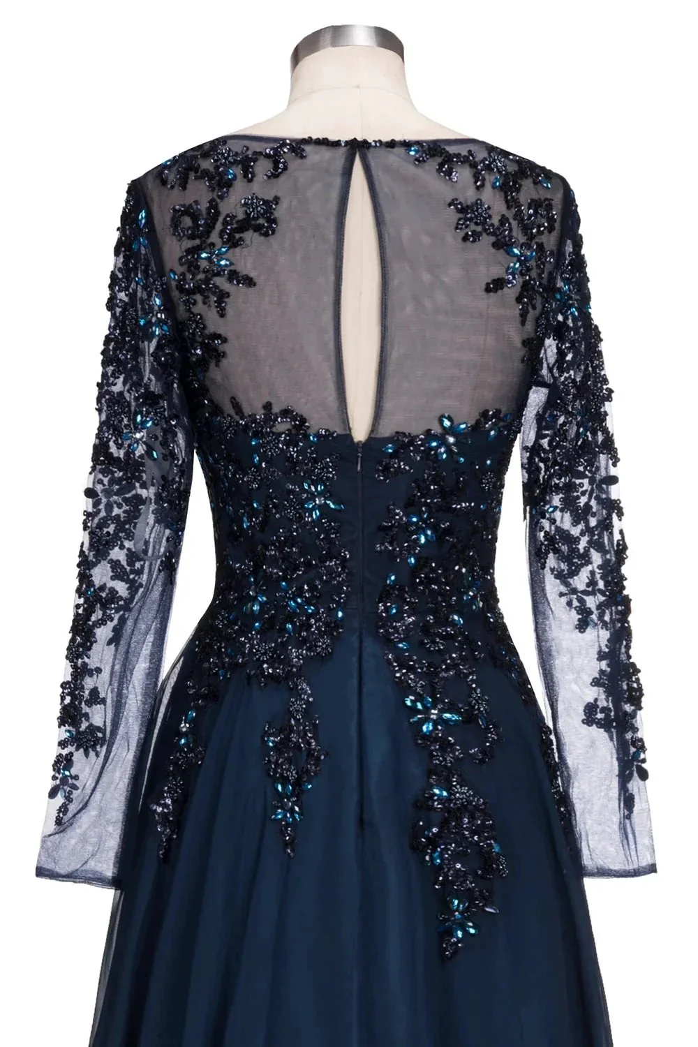 Dark Navy Long A-line Jewel Tulle Formal Evening Dresses with Sleeves - Image 4