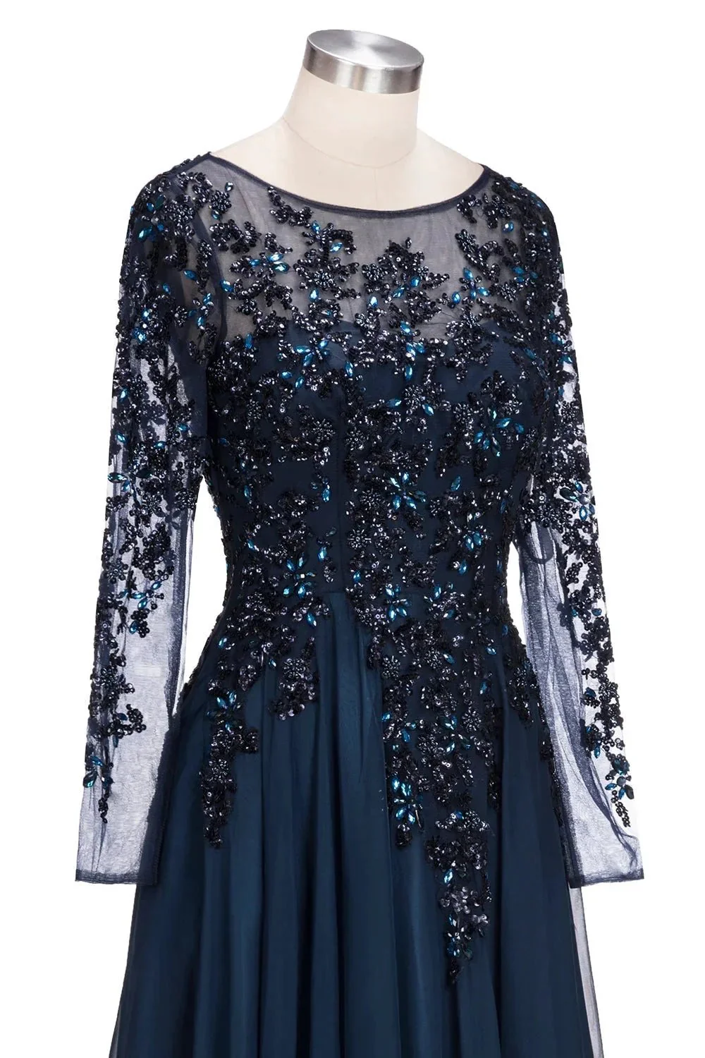 Dark Navy Long A-line Jewel Tulle Formal Evening Dresses with Sleeves - Image 5