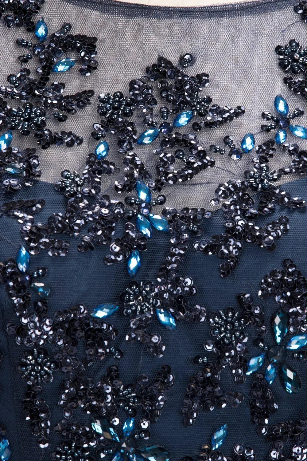 Dark Navy Long A-line Jewel Tulle Formal Evening Dresses with Sleeves - Image 6