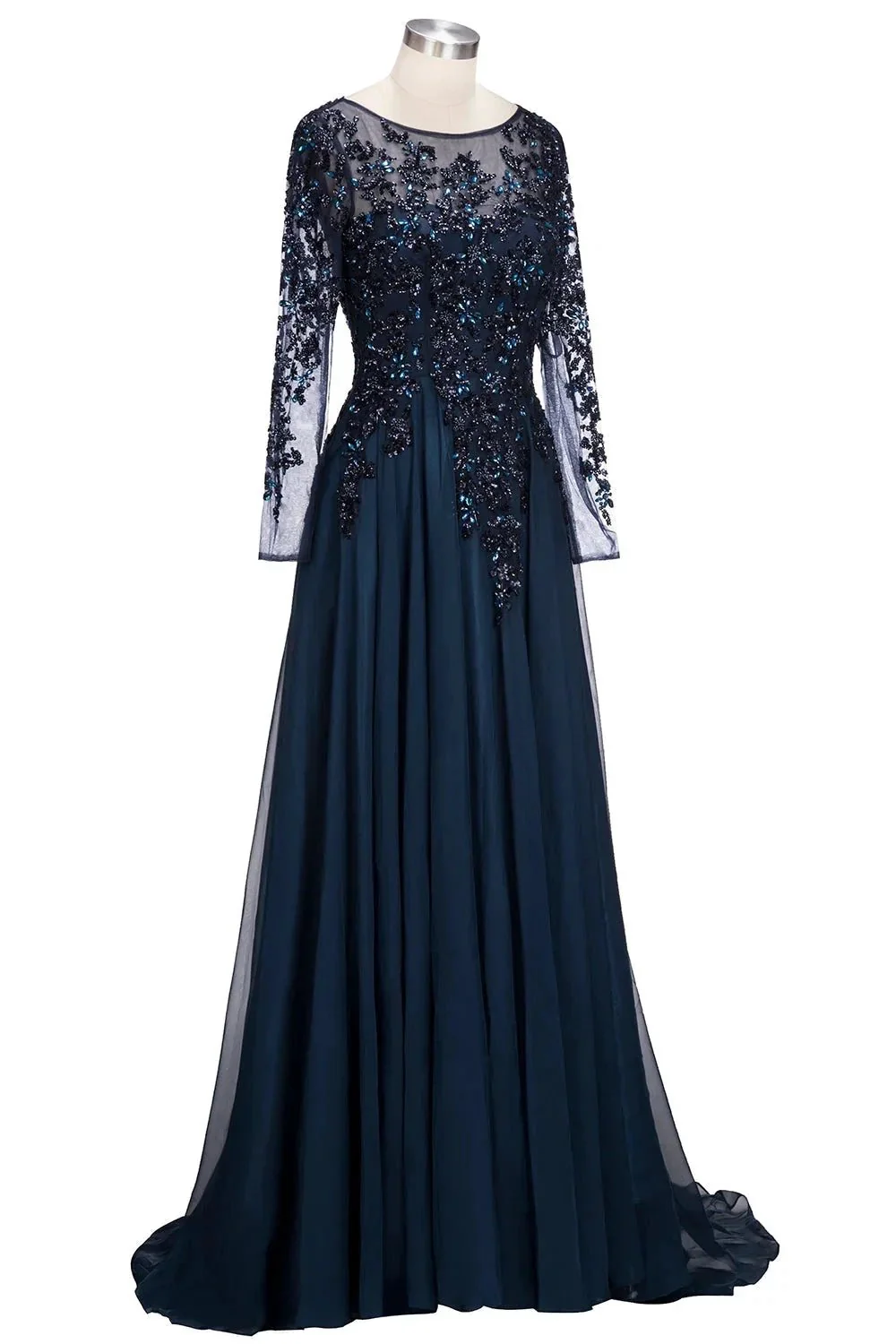 Dark Navy Long A-line Jewel Tulle Formal Evening Dresses with Sleeves - Image 7