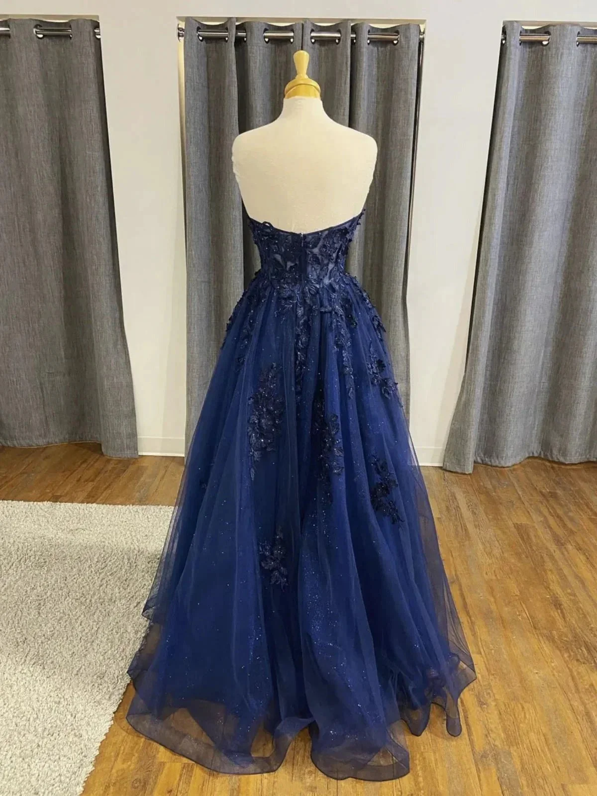 Dark Navy Long A-line Tulle Lace Backless Formal Prom Dresses - Image 2