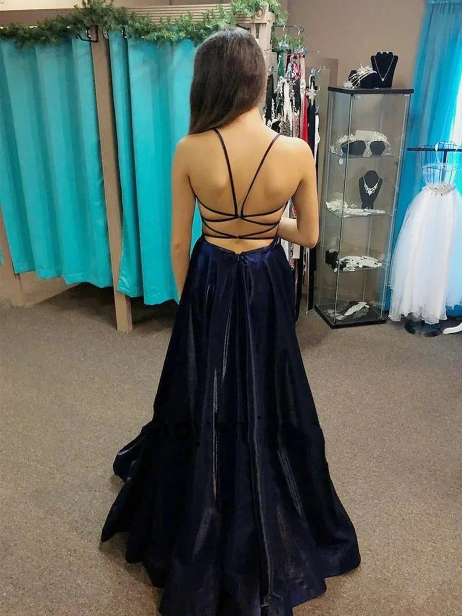 Dark Navy Long A-line V-neck Satin Open Back Formal Graduation Prom Dresses - Image 2