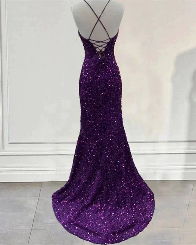 Dark Purple Prom Dress Sequin Mermaid Formal Evening Dress Split Y7212 - Image 2