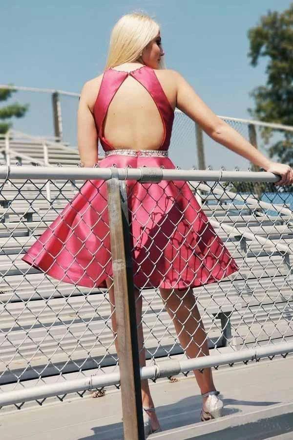 Dark Red Homecoming Dresses with Pocket Open Back Short Prom Dress  PD269 - Image 2
