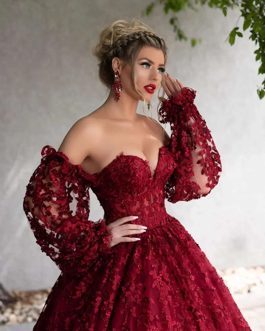 Dark Red Lace Beaded Prom Dresses Off The Shoulder Long Sleeves Formal Dress Floor Length A Line Plus Size Evening Gowns Y766 - Image 2