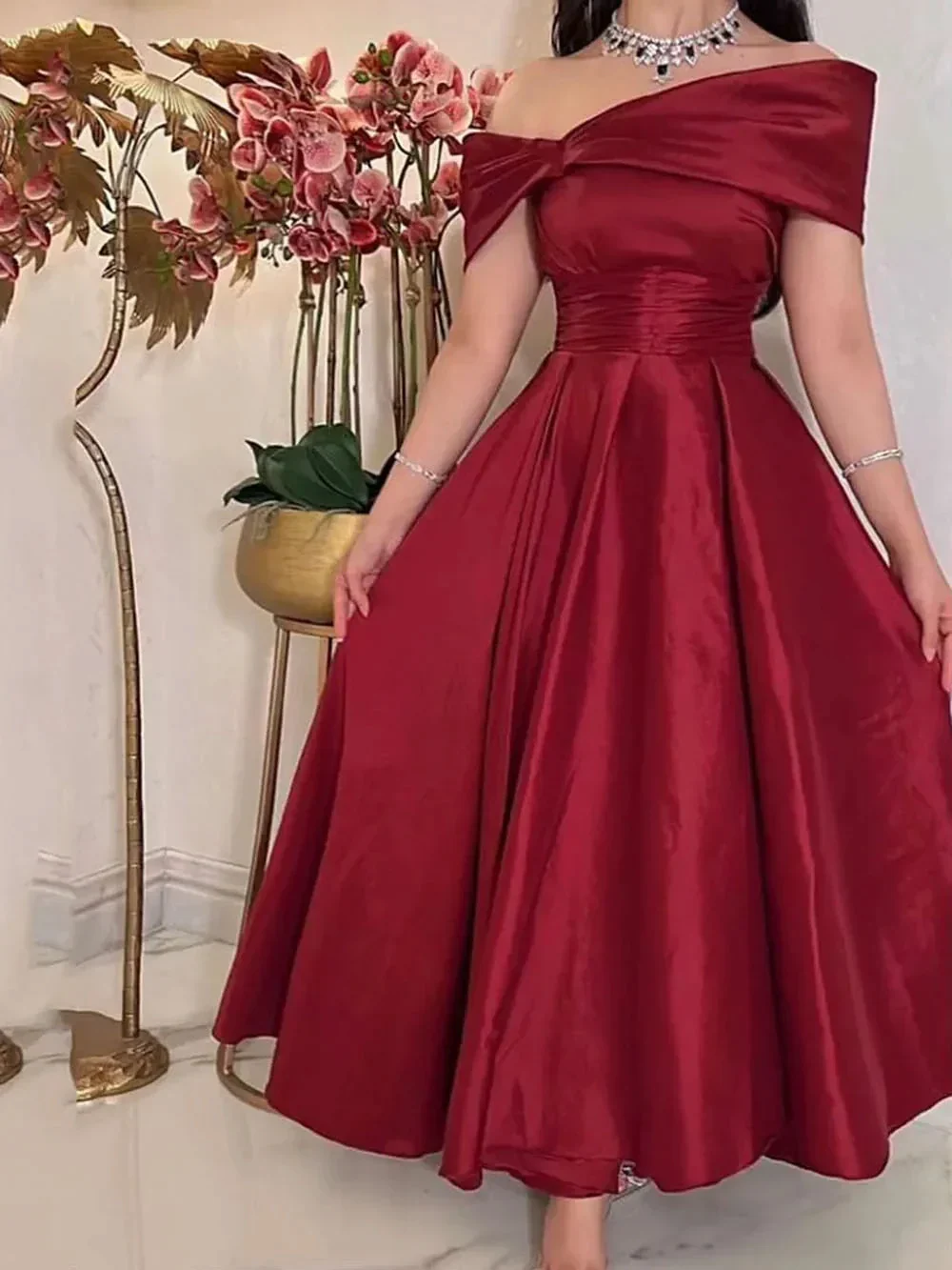Dark Red Midi Prom Dresses Off Sleeves Ankle Length Arabic Dubai Formal Party Gowns Evening Gowns Y4620 - Image 2