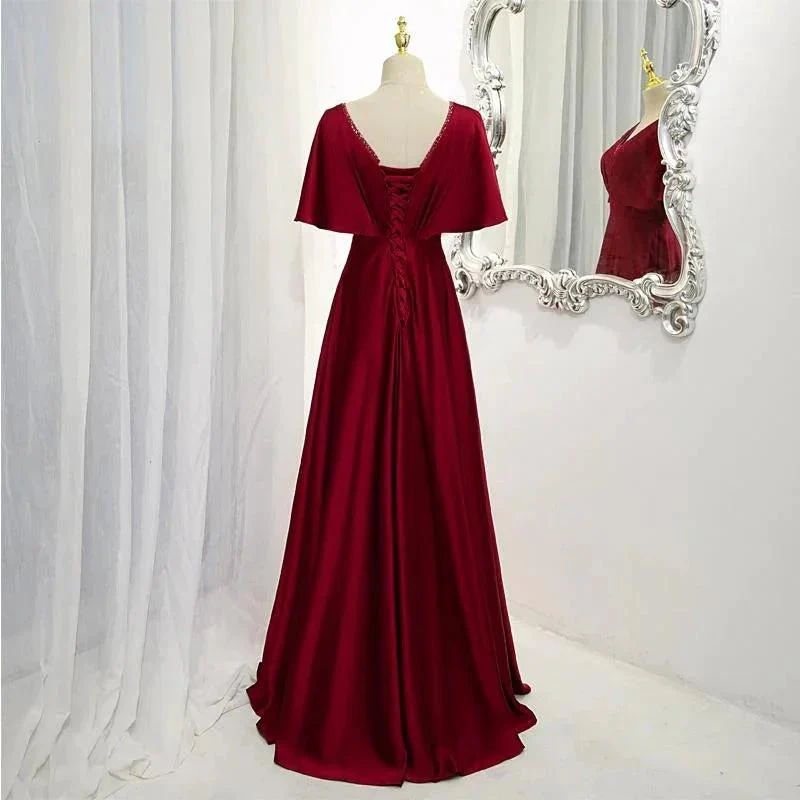 Dark Red Satin A-line Floor Length Evening Dress, Wedding Guest Dresses Y1439 - Image 2