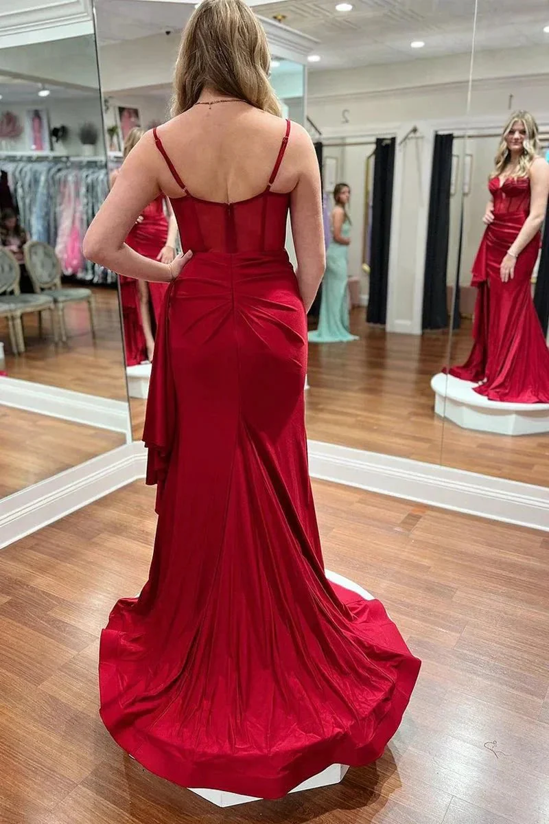 Dark Red Sweetheart Satin Mermaid Long Prom Dresses with Slit - Image 2