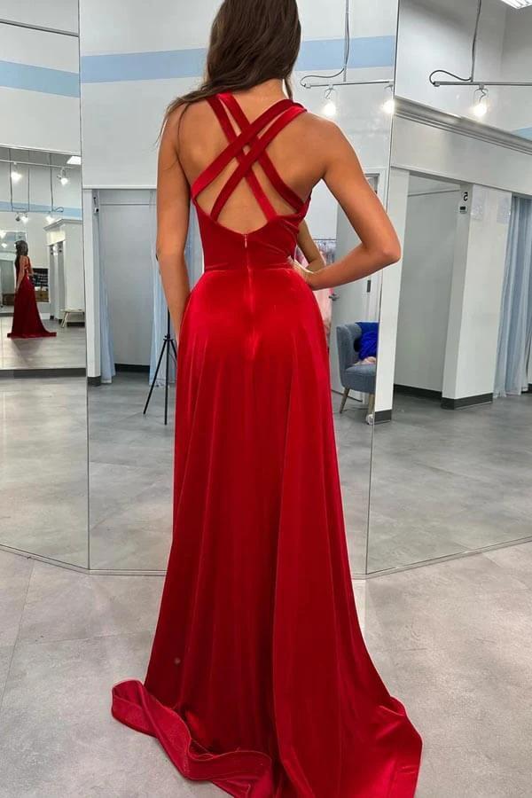 Dark Red Velvet Prom Gown V Neck Straps Prom Dress With Split PSK545 - Image 2