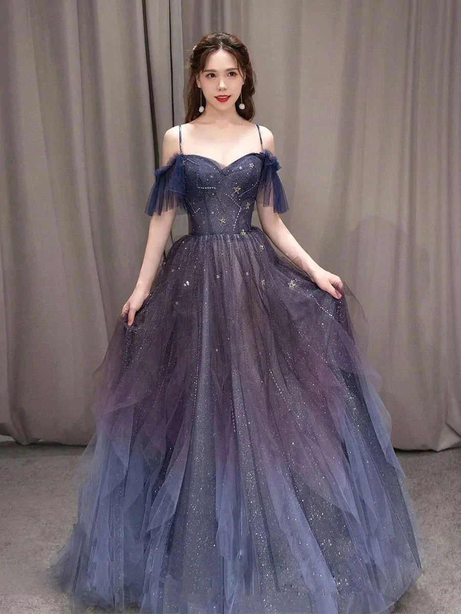 Dark starry sky purple tulle long prom dress A-line evening dress Y924 - Image 2
