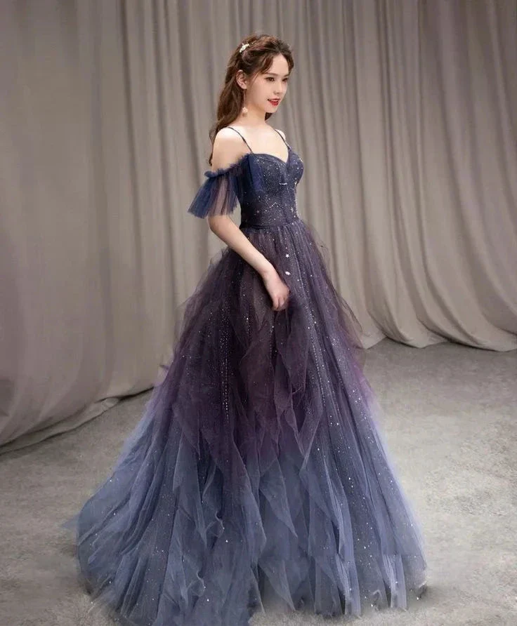 Dark starry sky purple tulle long prom dress purple evening dress Y5847 - Image 2