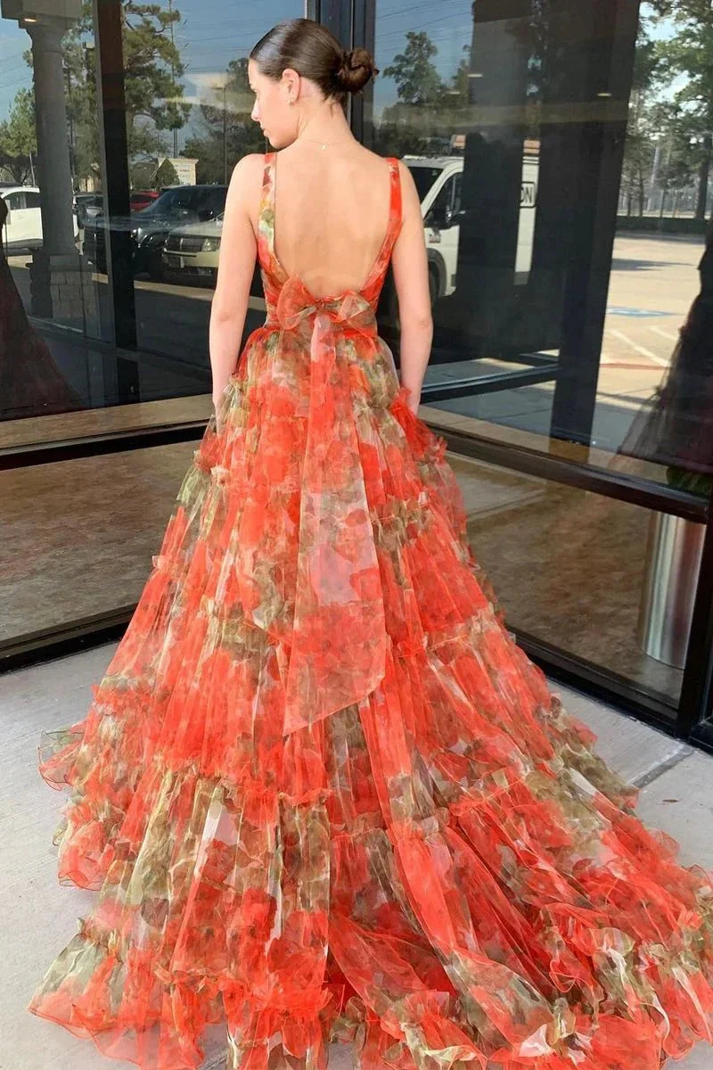 Darla | Orange Two Piece V-Neck Floral Printed Long Prom Dress - Image 2