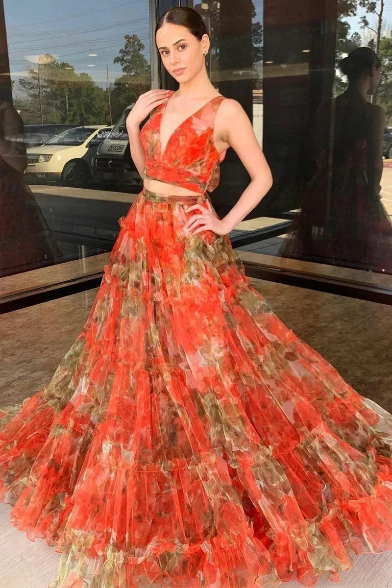 Darla | Orange Two Piece V-Neck Floral Printed Long Prom Dress - Image 3