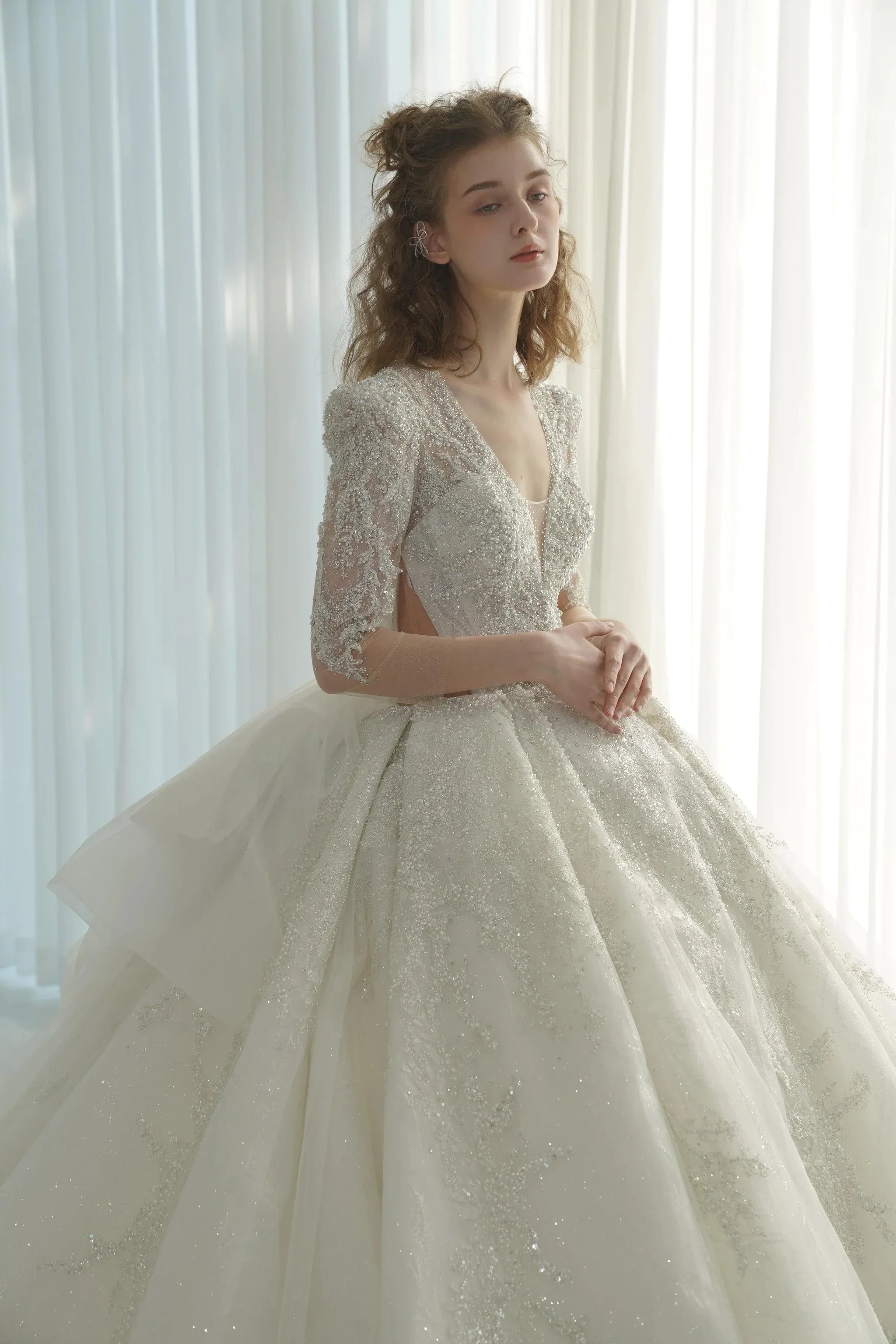 Dazzling Ball Gown Deep V-Neck Tulle Wedding Dress with Beaded Embroidery & Illusion Cut-Out Back Q-6022 - Image 2