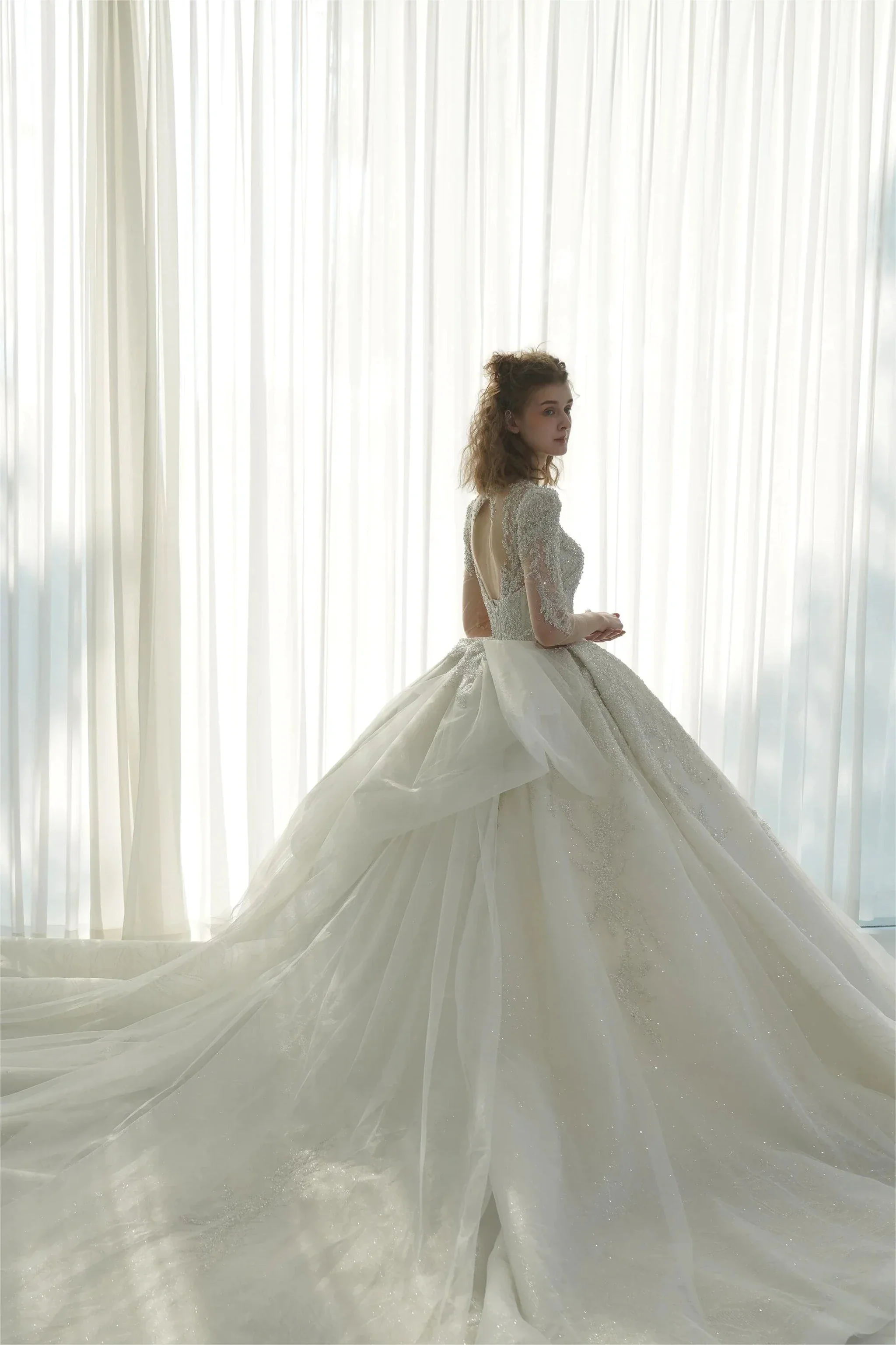 Dazzling Ball Gown Deep V-Neck Tulle Wedding Dress with Beaded Embroidery & Illusion Cut-Out Back Q-6022 - Image 3