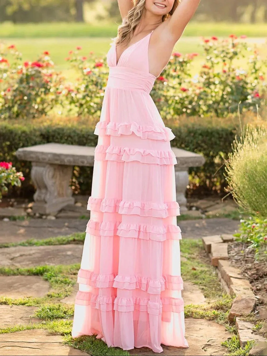 Decebal | A Line Pink Chiffon Tiered Ruffles Long Prom Dress - Image 2