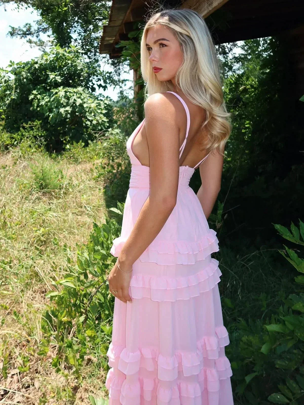 Decebal | A Line Pink Chiffon Tiered Ruffles Long Prom Dress - Image 3