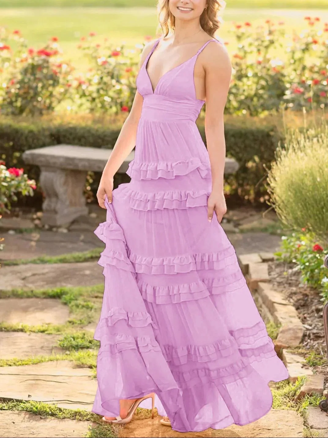 Decebal | A Line Pink Chiffon Tiered Ruffles Long Prom Dress - Image 5