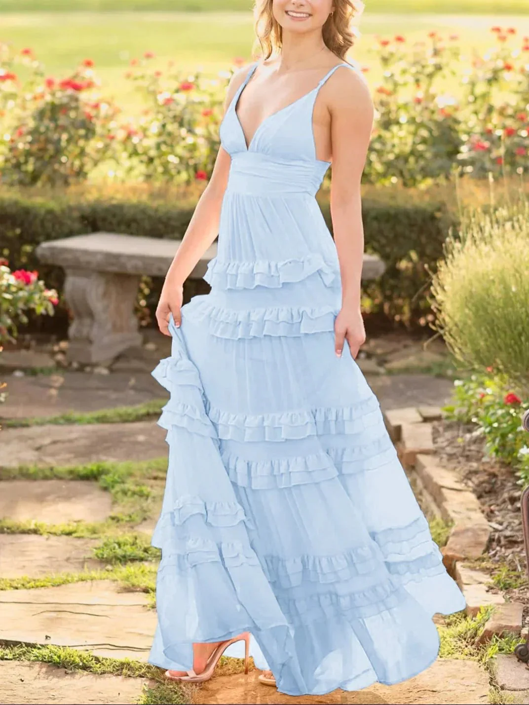 Decebal | A Line Pink Chiffon Tiered Ruffles Long Prom Dress - Image 6