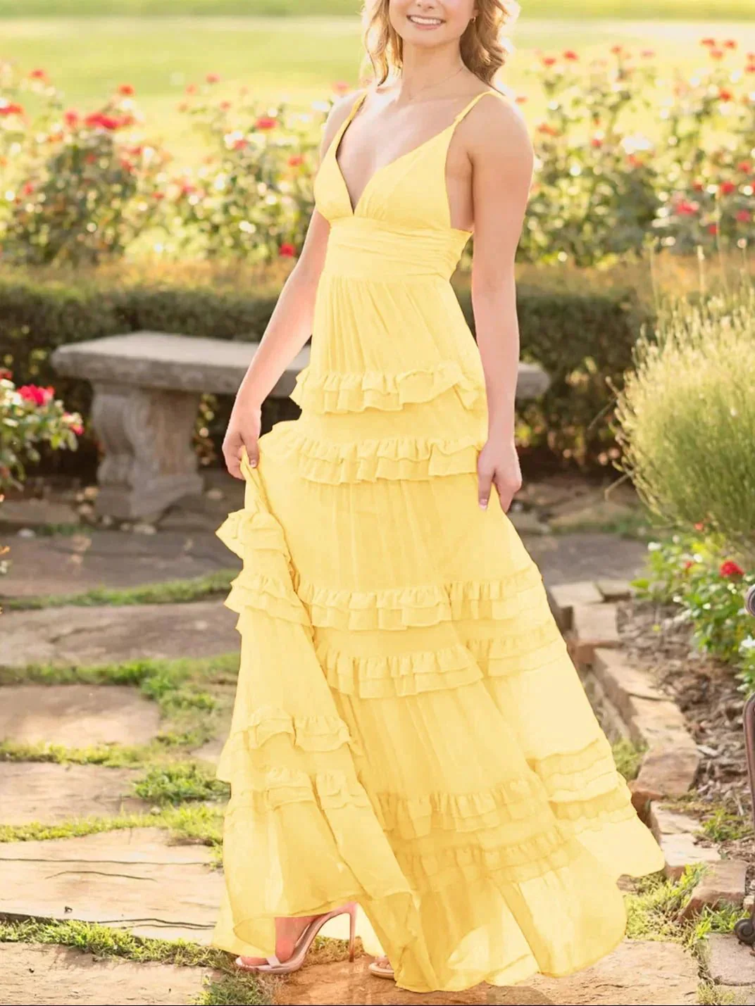 Decebal | A Line Pink Chiffon Tiered Ruffles Long Prom Dress - Image 7