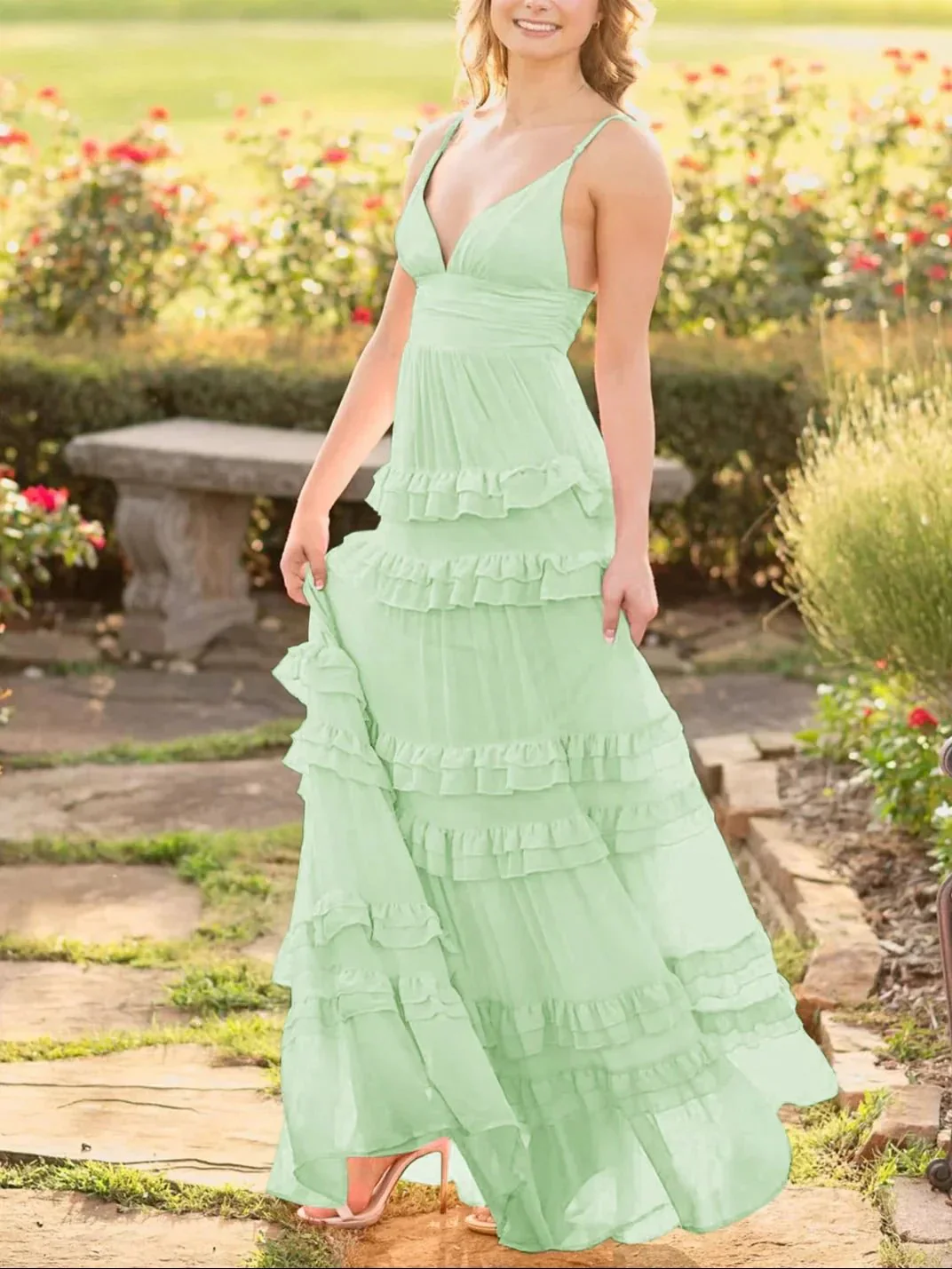 Decebal | A Line Pink Chiffon Tiered Ruffles Long Prom Dress - Image 8