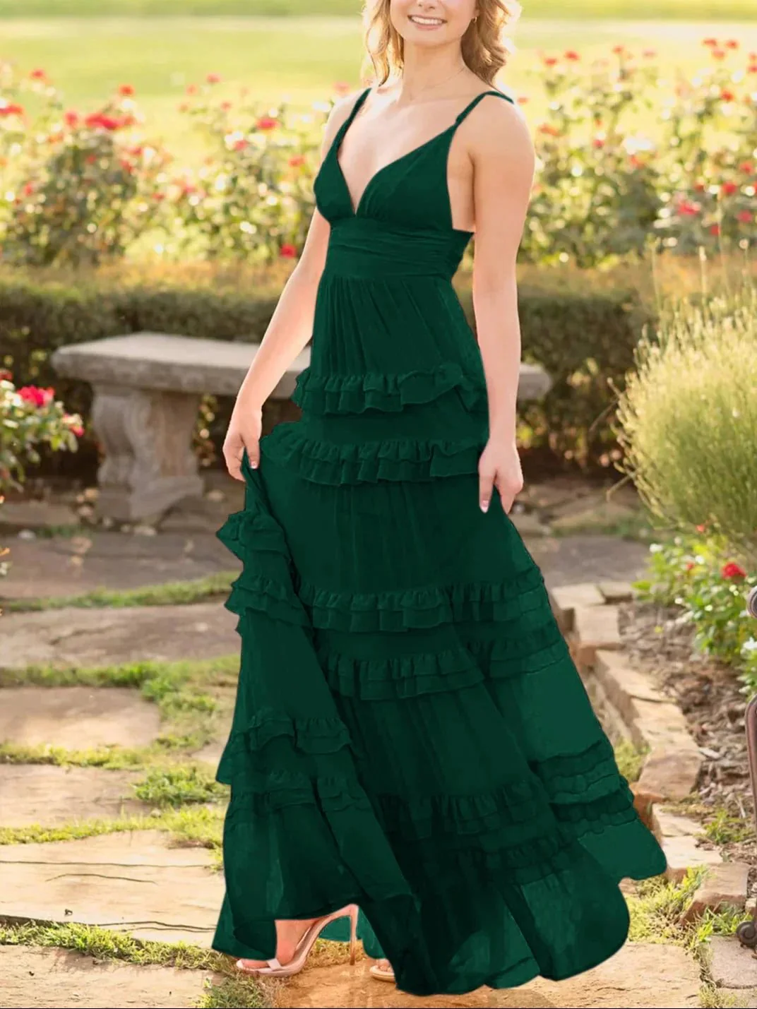 Decebal | A Line Pink Chiffon Tiered Ruffles Long Prom Dress - Image 9