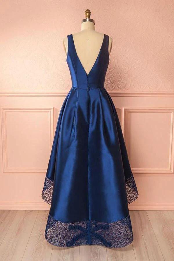 Deep Blue V Neck High Low Lace Satin Prom Dresses Bridesmaid Dresses PG384 - Image 3