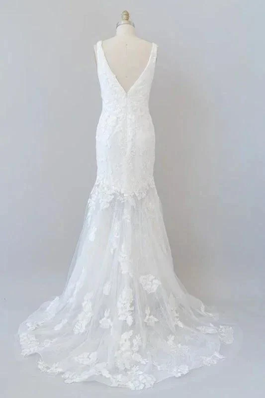 Deep V-neck Appliques Tulle Mermaid Elegant Wedding Dresses - Image 2