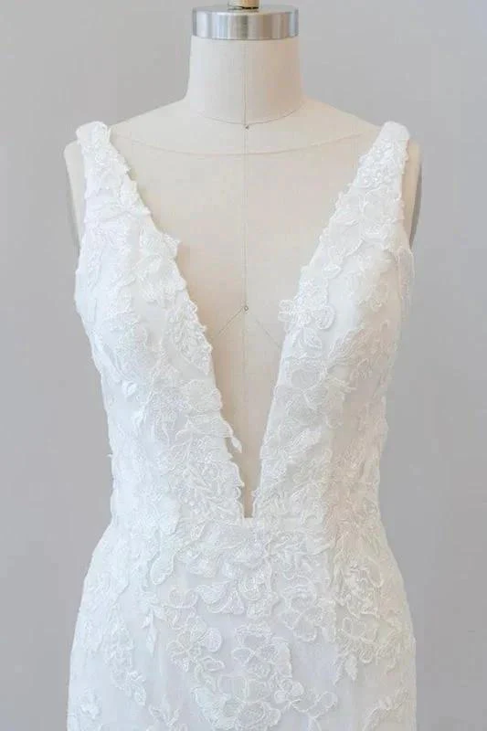 Deep V-neck Appliques Tulle Mermaid Elegant Wedding Dresses - Image 5