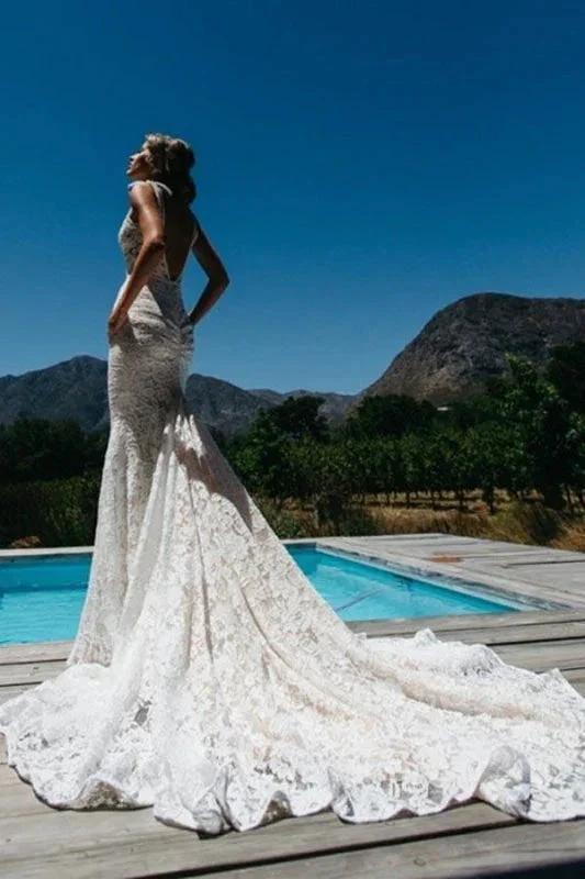 Deep V-Neck Beach Sleeveless Lace Mermaid Elegant Wedding Dresses - Image 2