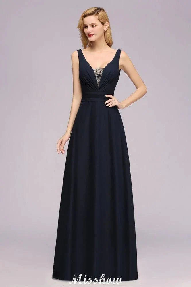 Deep V-Neck Beading A-line Bridesmaid Dress Floor Length Maid of Honor Dress - Image 2